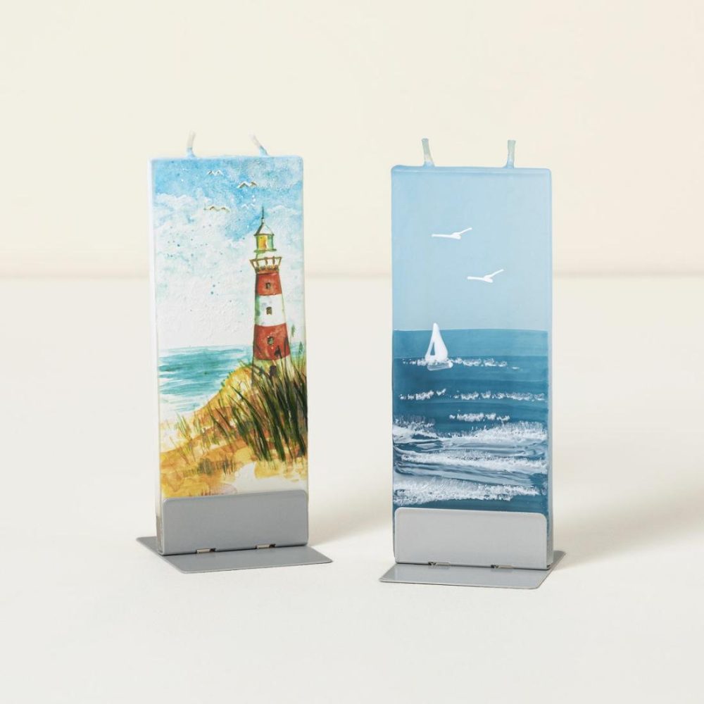 Decorative Accents |   Hand-Painted Coastal Scene Flat Candle Decor Decorative Accents